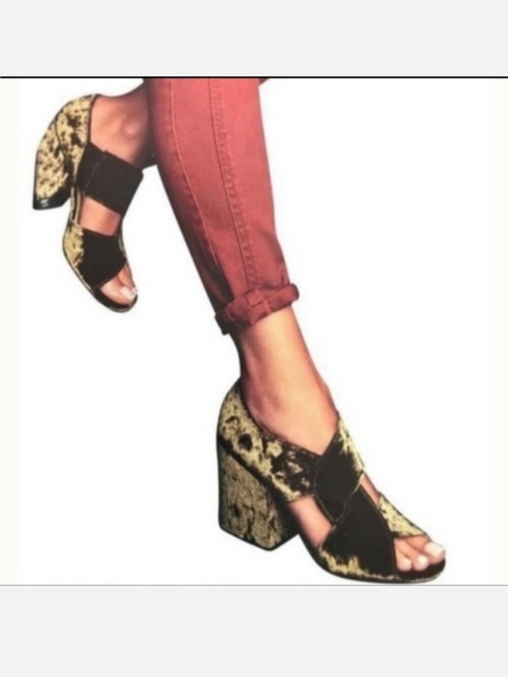 CAbi #6016 Moss Green Interlock Block Heel Open Toe Velvet Sandals